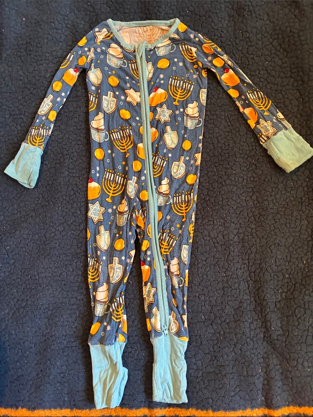 Little Sleepies Navy Hanukkah One-Piece Pajama with Light Blue Trim